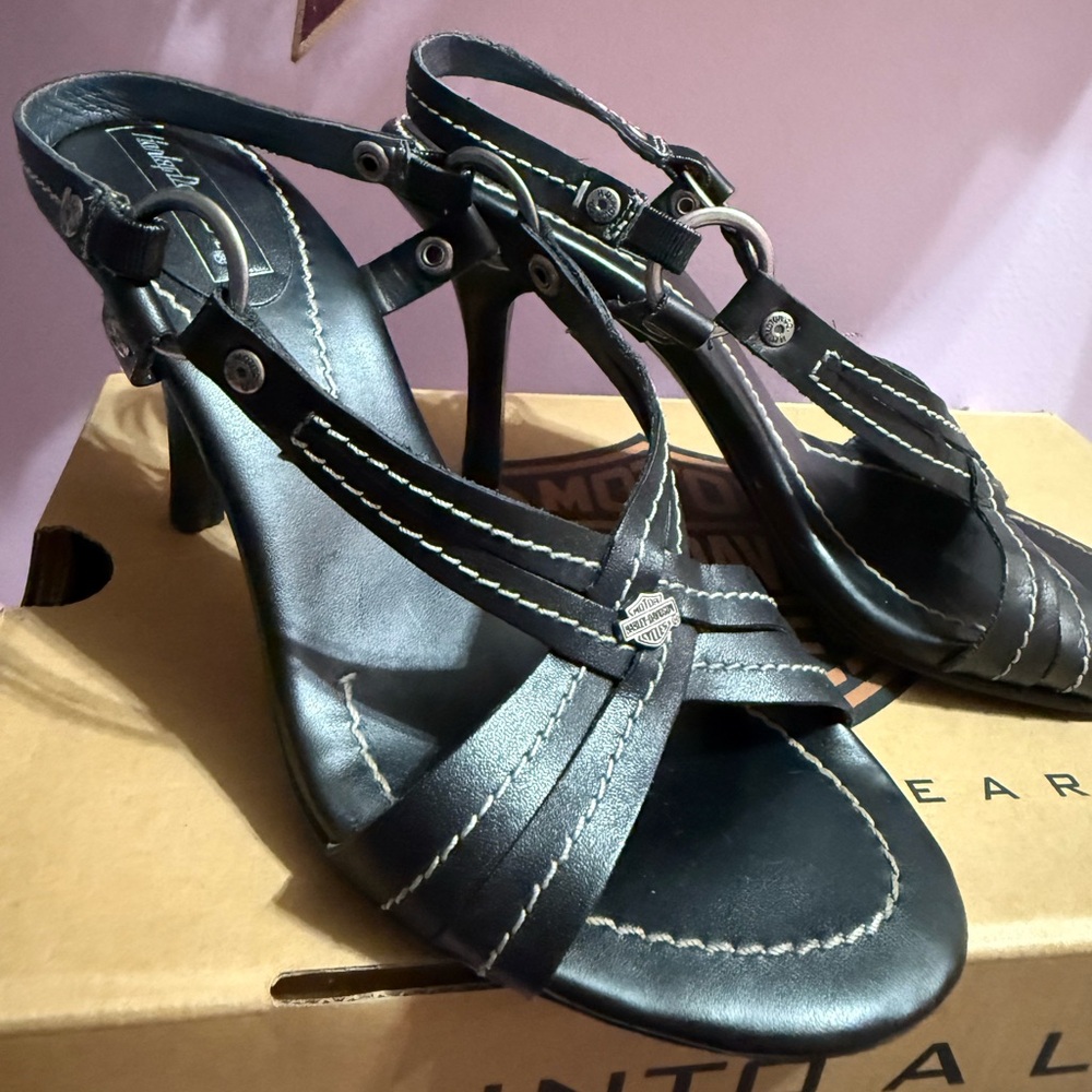 Harley Davidson Black Strappy Slingback Thick White Stitch Genuine Leather Heels